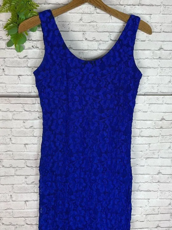 Vintage Cobalt Blue Lace Bodycon Maxi Evening Dress - Image 3