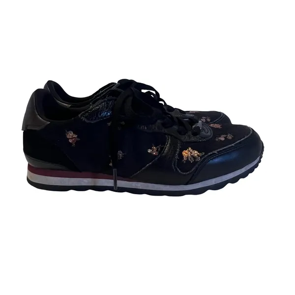 Coach Sneakers Women Black Glitter Floral Leather Suede‎ Low Top - Image 5