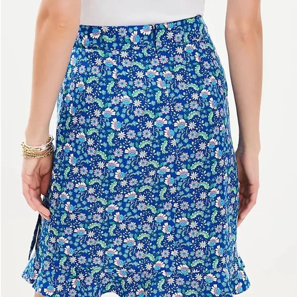 Loft Ann Taylor‎ Floral Ruffle Linen Blend Wrap Skirt Blue Calico Back Zip Sz 14 - Image 3