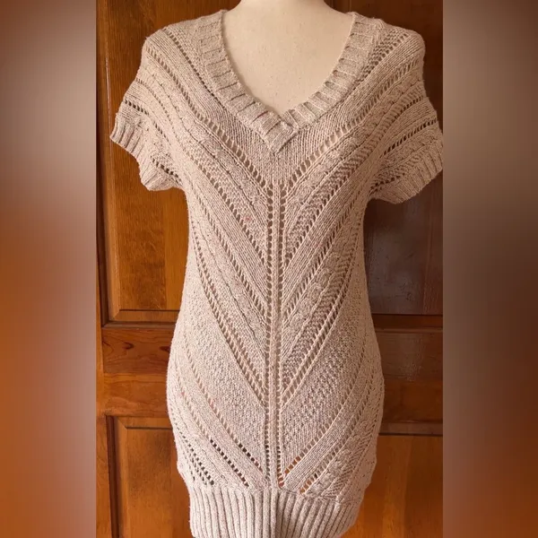 STUNNING Short Sleeve Sweater Dress Tan With Speckles of Pink, Teal & Gold - Image 2