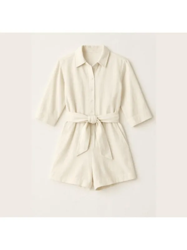 Free Assembly cream linen blend shorts romper jumpsuit belt button front Sz S - Image 2