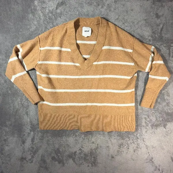 Aerie unREAL V-Neck Sweater Women S Beach Dune Cream Stripe Oversized Pullover - Image 2
