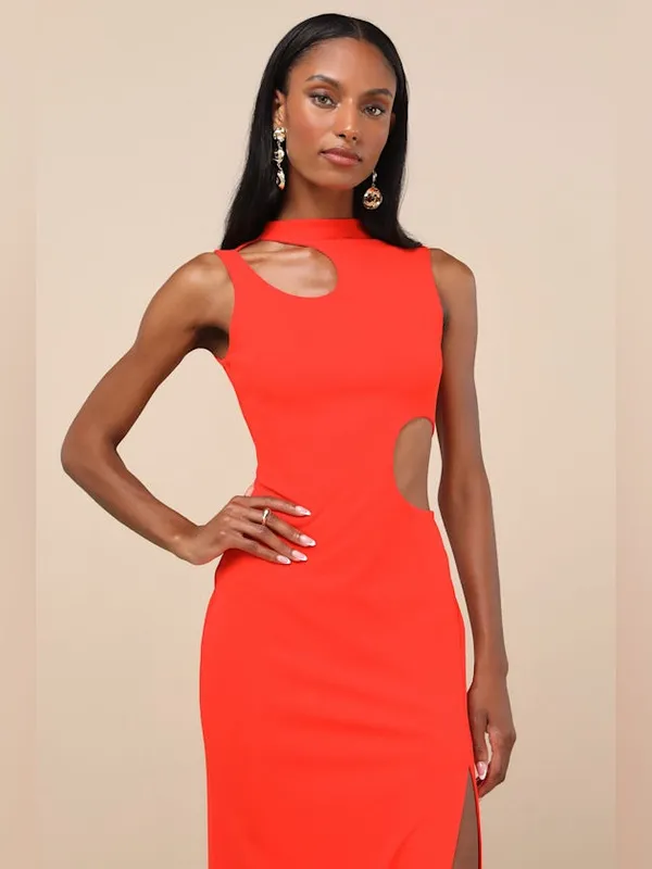 Lulus Sindra Bright Orange Cutout Column Maxi Dress Size Small NWT $78 - Image 3