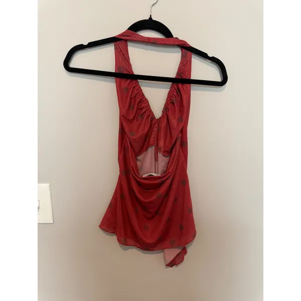 Milk + Honey Red Polka Dot Halter Top Sheer Mesh Handkerchief Hem Small - Image 2