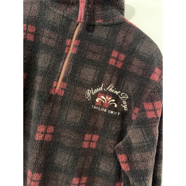 Taylor Swift Red Plaid Shirt Days Fleece 1/4 Zip Mock Neck Sz S Oversized Red - Image 2