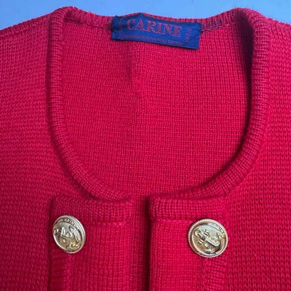 Vintage Carine‎ Paris Red Knit Wool Cardigan Jacket Gold Anchor Buttons Womens L - Image 6