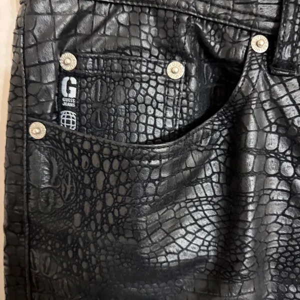 Vintage Guess Jeans 1990s Black Crocodile Embossed Faux Leather Pants Size 33 - Image 2