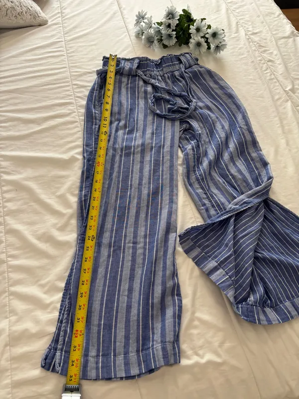 Pull-On Wide Leg Minimalist ResortWear Striped Blue White 100% Cotton Pants Sz S - Image 5