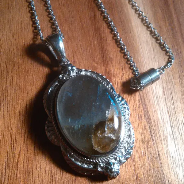 Madagascar Fire Labradorite Feather Stainless Steel Pendant Necklace - Image 2