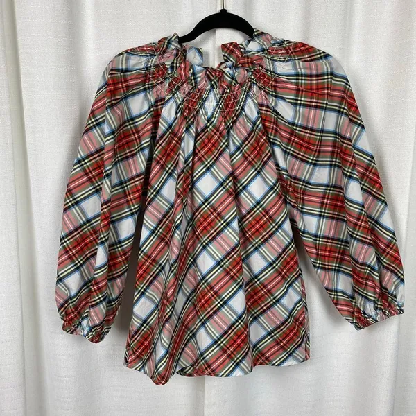 J.Crew Tartan Plaid Smocked Neck Popover Blouse Sz.XS - Image 3