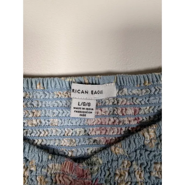 American Eagle Blue Floral Smocked Square‎ Neck Cropped Blouse Top Size L - Image 3