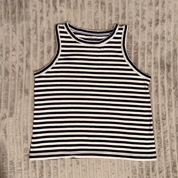 Loft Womens Navy Blue White Striped Sleeveless Tank Top Crew Neck Cotton XL - Image 2