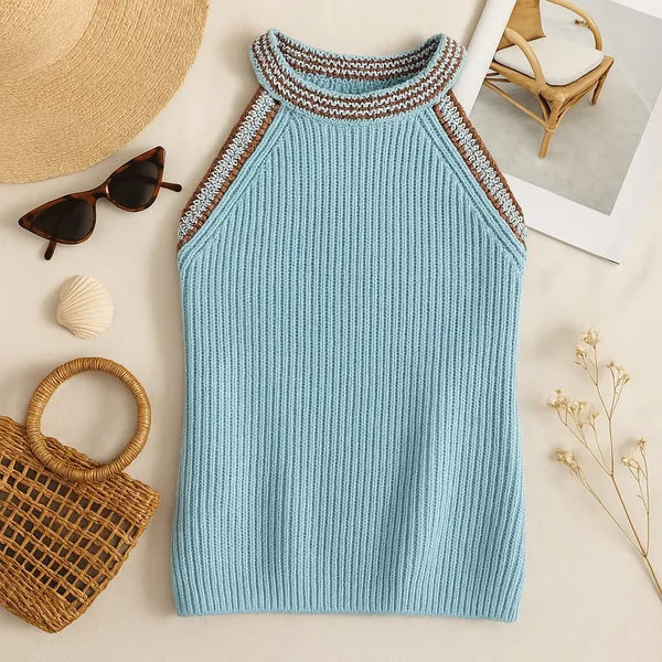 Madewell blue knit crochet halter top with open shoulders in size medium - Image 2