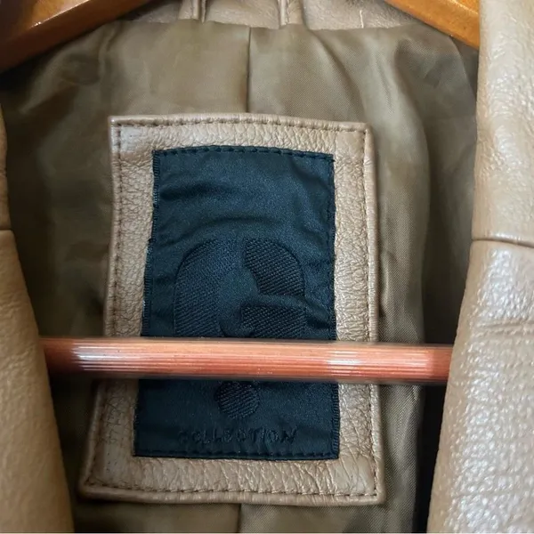 Vintage G Collection Genuine Leather Moto‎ Jacket Contrast Stitch Belt Camel Tan - Image 3