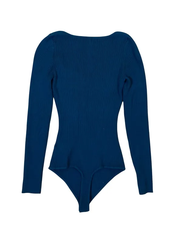 House Of Harlow 1960 Blue‎ Ribbed Sweetheart Long Sleeve Bodysuit Small - Image 3