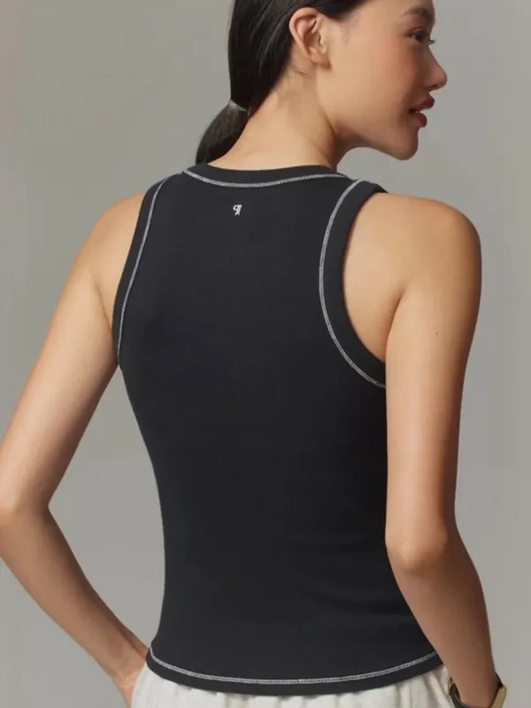 Pilcro Sunny Scoop Neck Icon Tank Black w White Contrast Stitching Sz XS Ribbed - Image 2
