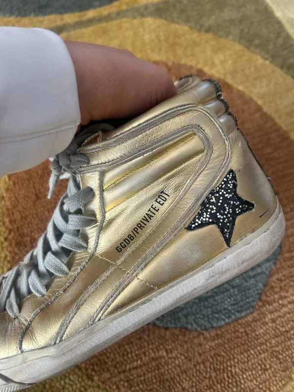 Golden Goose Slide High Top Sneakers Shoes Gold Sequins Star Leather US Size 7 - Image 4