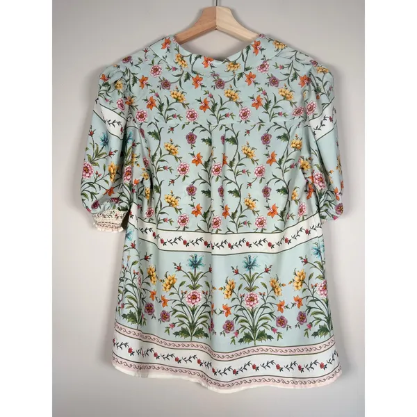 Alex & Lili Womens Large Blue Floral‎ Button Down Blouse Crochet Lace Cuff - Image 4