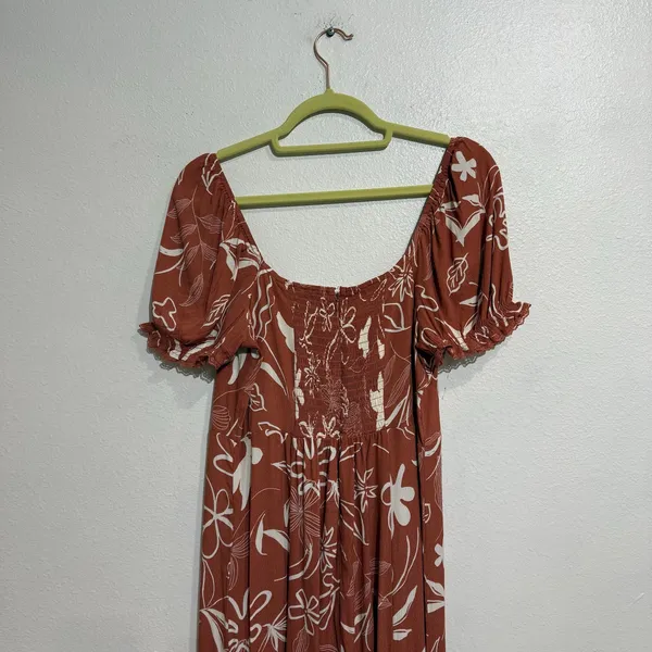 Workshop Rust Floral Puff Sleeve Smocked Back Maxi Dress Sz L - Image 8