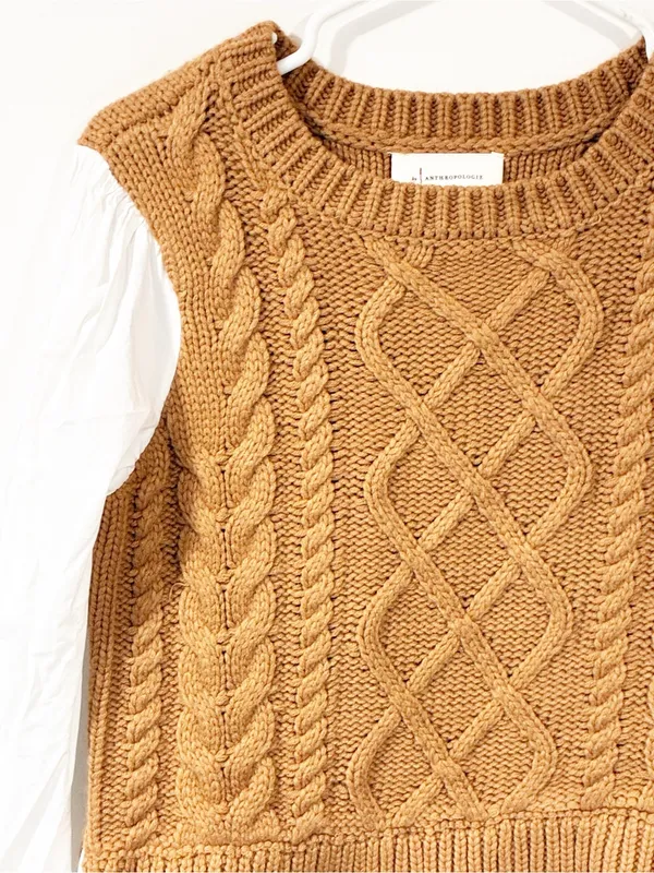 By Anthropologie Cable Knit Sweater Vest & Blouse Layered Top Size Medium - Image 3