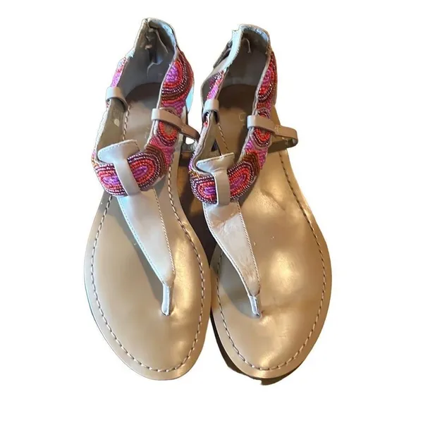 Guess 7 Pink Tan Beaded Embellished T-Strap Flip‎ Flop Sandals Boho Festival - Image 2
