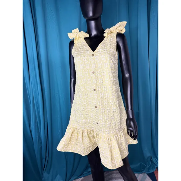 SHEIN Yellow‎ Textured Floral Tie Shoulder Ruffle Hem Mini Dress Size 6 M - Image 2