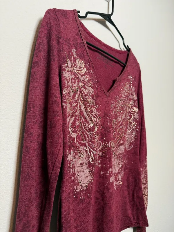 Y2K Soft Grunge Burgundy Long Sleeve with Rhinestone - Image 3