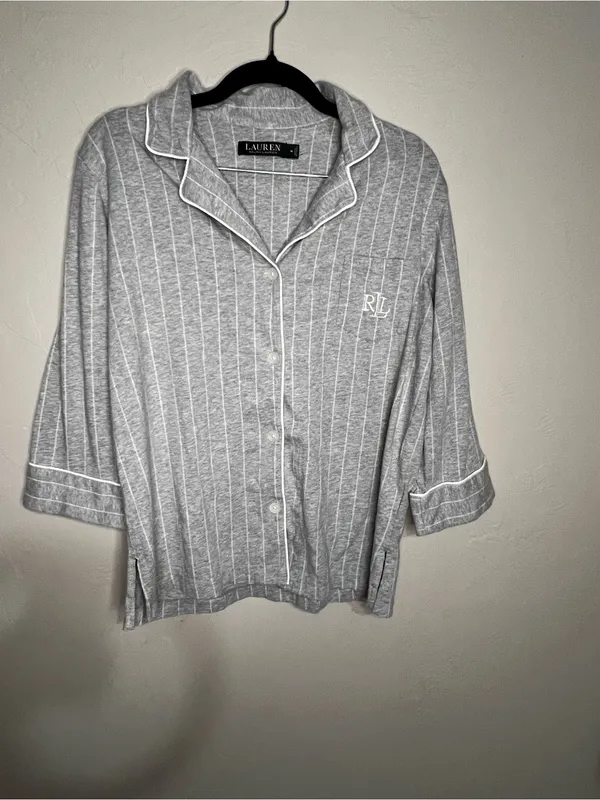 Lauren Ralph Lauren Essentials Bingham Knits Gray White Striped Capri Pajama Set - Image 2