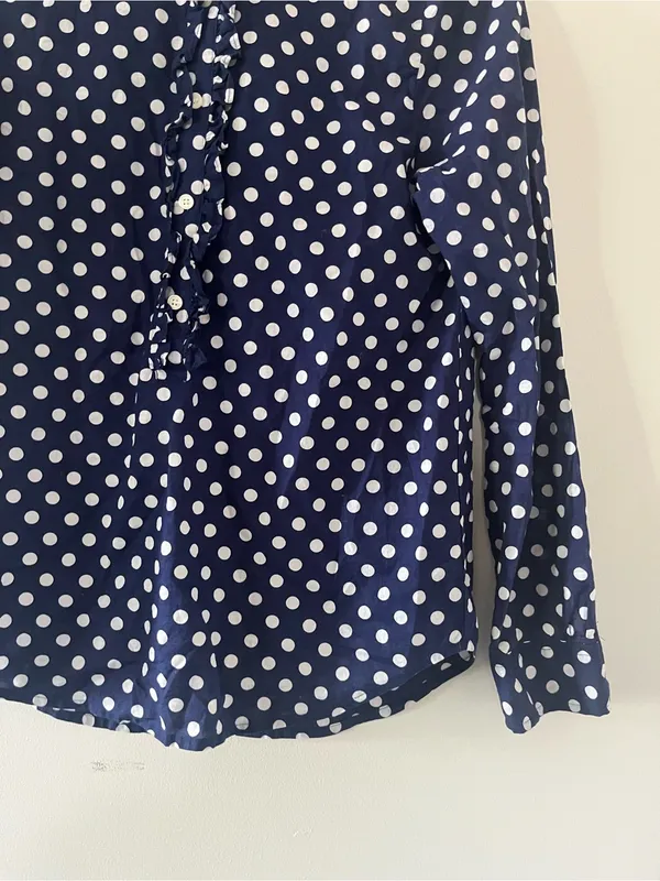 J Crew Navy Blue Polka Dot Ruffle Button Up Top XS 100% Cotton Office Preppy - Image 4