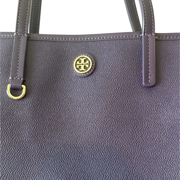 Tory‎ Burch Purple Pebbled Leather Tote Bag Large Double T Logo Work Office - Image 3