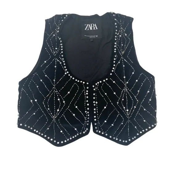 Zara XS velvet rhinestone studded beaded crop top vest TS 3374 - Image 8