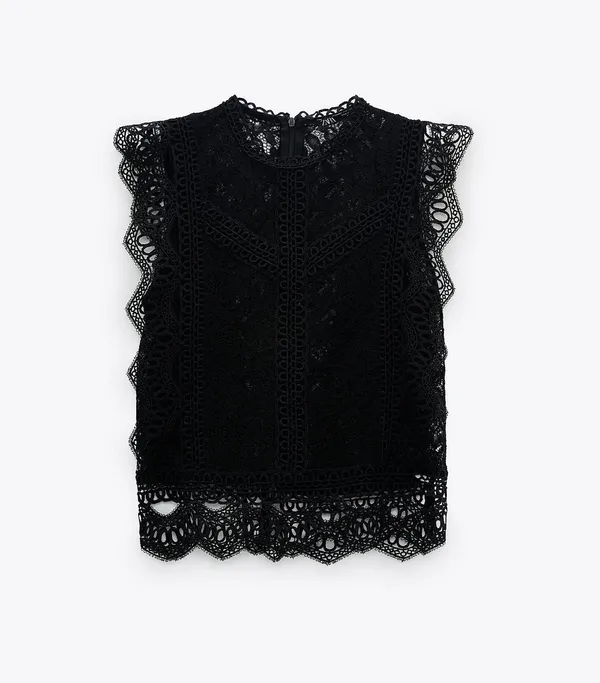 ZARA Black Semi Sheer Lace Top Blouse - Image 3