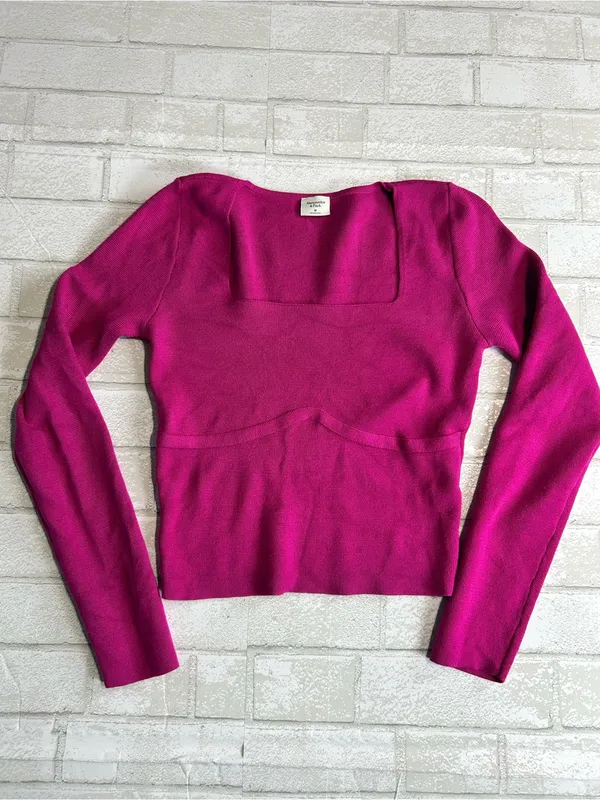 Abercrombie & Fitch Fitted Square- Neck Ribbed Sweater - Bright Pink - Image 3