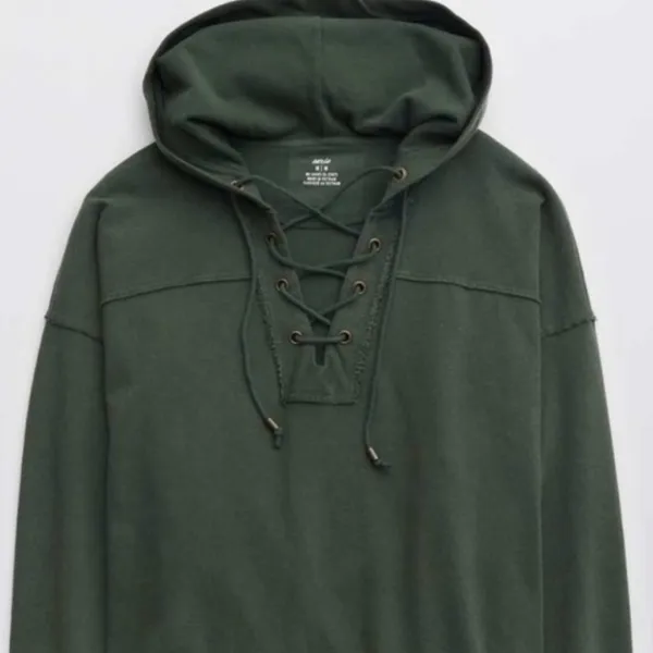 Aerie Oversized Lace Up Hoodie-Distressed Hunter Green, boxy fit. Size Medium - Image 11