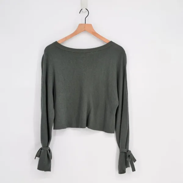 Aritzia Wilfred Emmy Crop Sweater Green Merino Wool Bell Sleeve Tie Cuffs Size S - Image 2