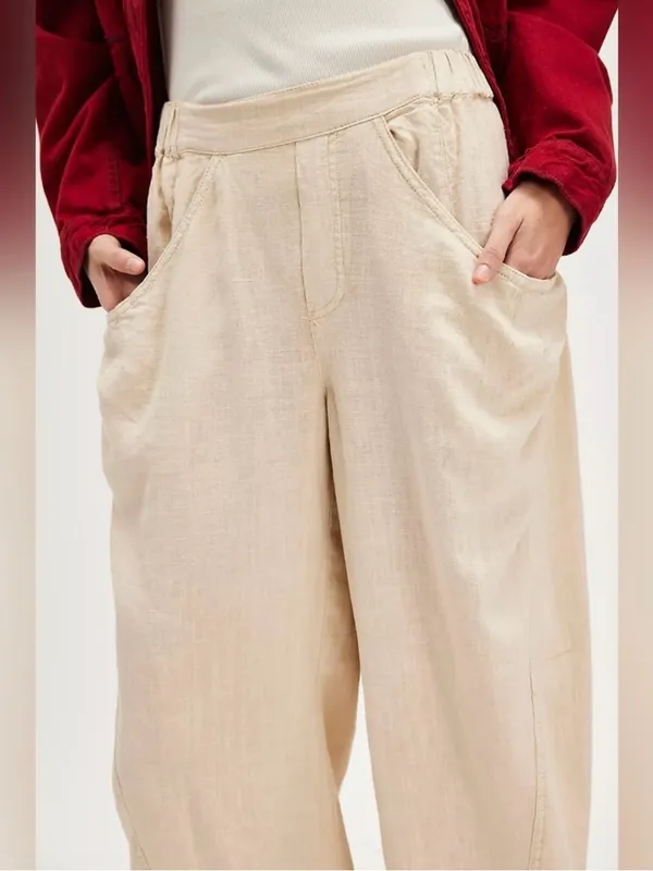 🆕 NWT Free People High Road Barrel Pants Linen Boho Wide-Leg Pockets Tan Large - Image 12