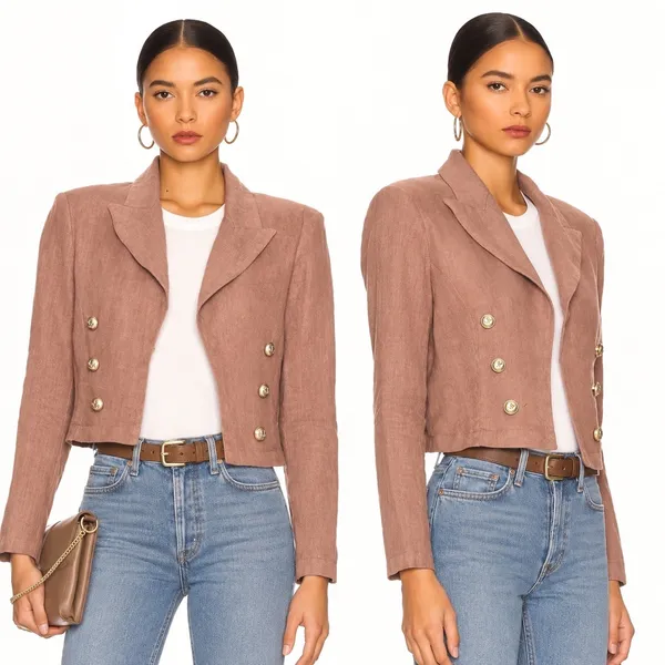 L'AGENCE Womens M Linen Blazer Pink Cropped Double Breasted Gold Button Jacket - Image 2