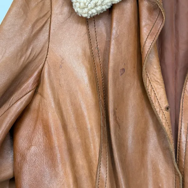 Vintage Leather Shearling Collar Penny Lane‎ Coat Brown Belted Distressed - Image 8