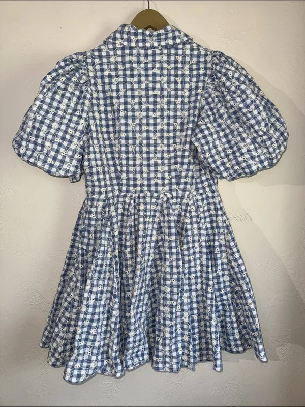 Anthropologie House of Harlow 1960 Blue Gingham Eyelet Puff Sleeve Dress 8 - Image 5