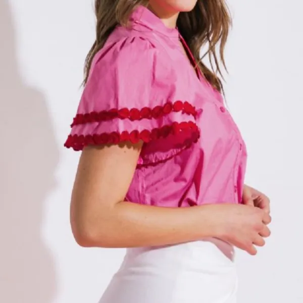 NWT Bibi Pink V Neck‎ Poplin Blouse puff shoulder Sz S - Image 3