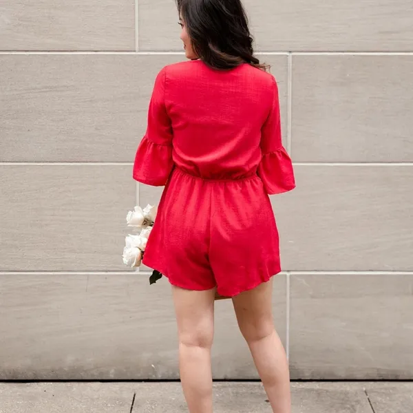 Anthropologie Listicle Mid Bell Sleeve Romper with Cut Out Knot Front - Image 6