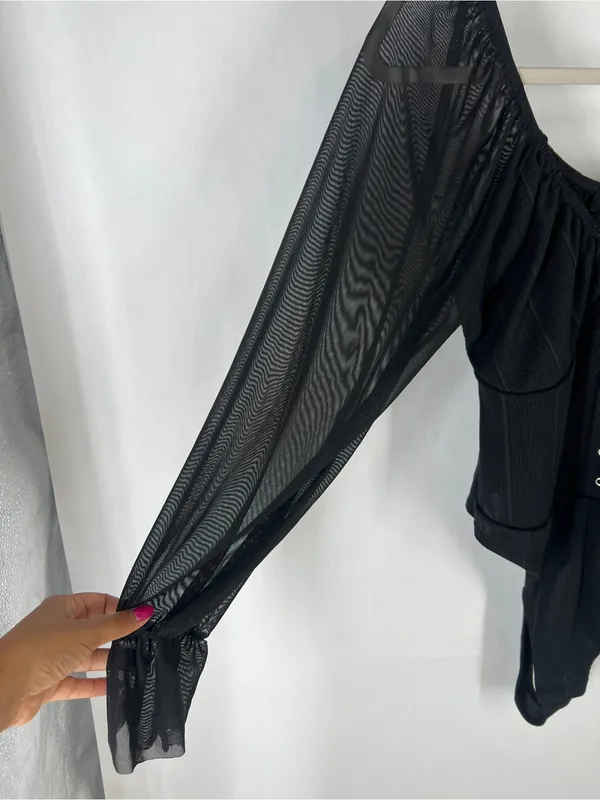 PrettyLittleThing Black Ribbed Mesh Sleeve‎ Bodysuit US 12 NWT - Image 3