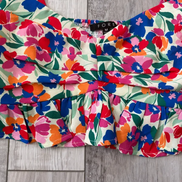 FORE Vibrant Floral Puff Sleeve Indie Peplum Fairycore Crop Top size medium - Image 7