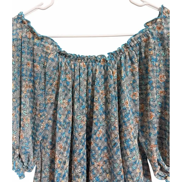 Free People Astra Peasant Top Blue Daisy Floral‎ Print Women's Size Medium - Image 4