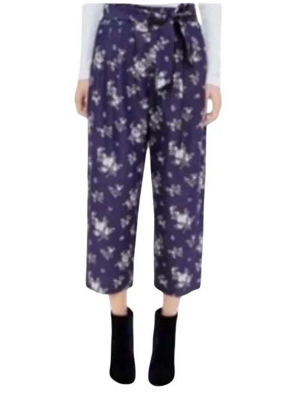 Club Monaco 2 Navy Floral wide leg cropped culottes Palazzo high-rise pleated - Image 4