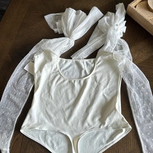Free People Tongue Tied Mesh Sleeve Tie Shoulder Bodysuit, Ivory, Medium, $68 - Image 10