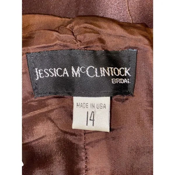 Vintage 90s Jessica McClintock Sweetheart Strapless Satin Gown, Chocolate Brown - Image 6