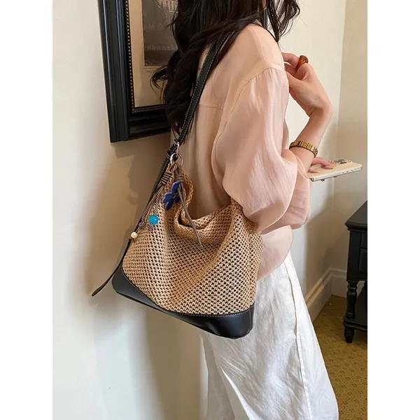 Chic Carryalls Leather Trim Woven Shoulder Bag - Image 8