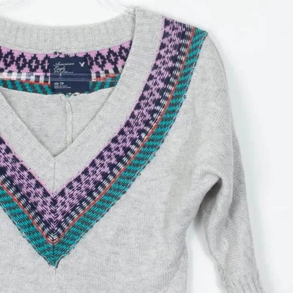 American Eagle Womens Gray Fair‎ Isle V-Neck Dolman Wool Blend Sweater Size XS - Image 2
