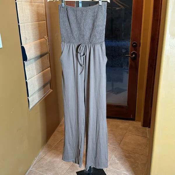 Brown Strapless Smocked Wide Leg Jumpsuit Size Small Taupe Casual Summer Romper - Image 3